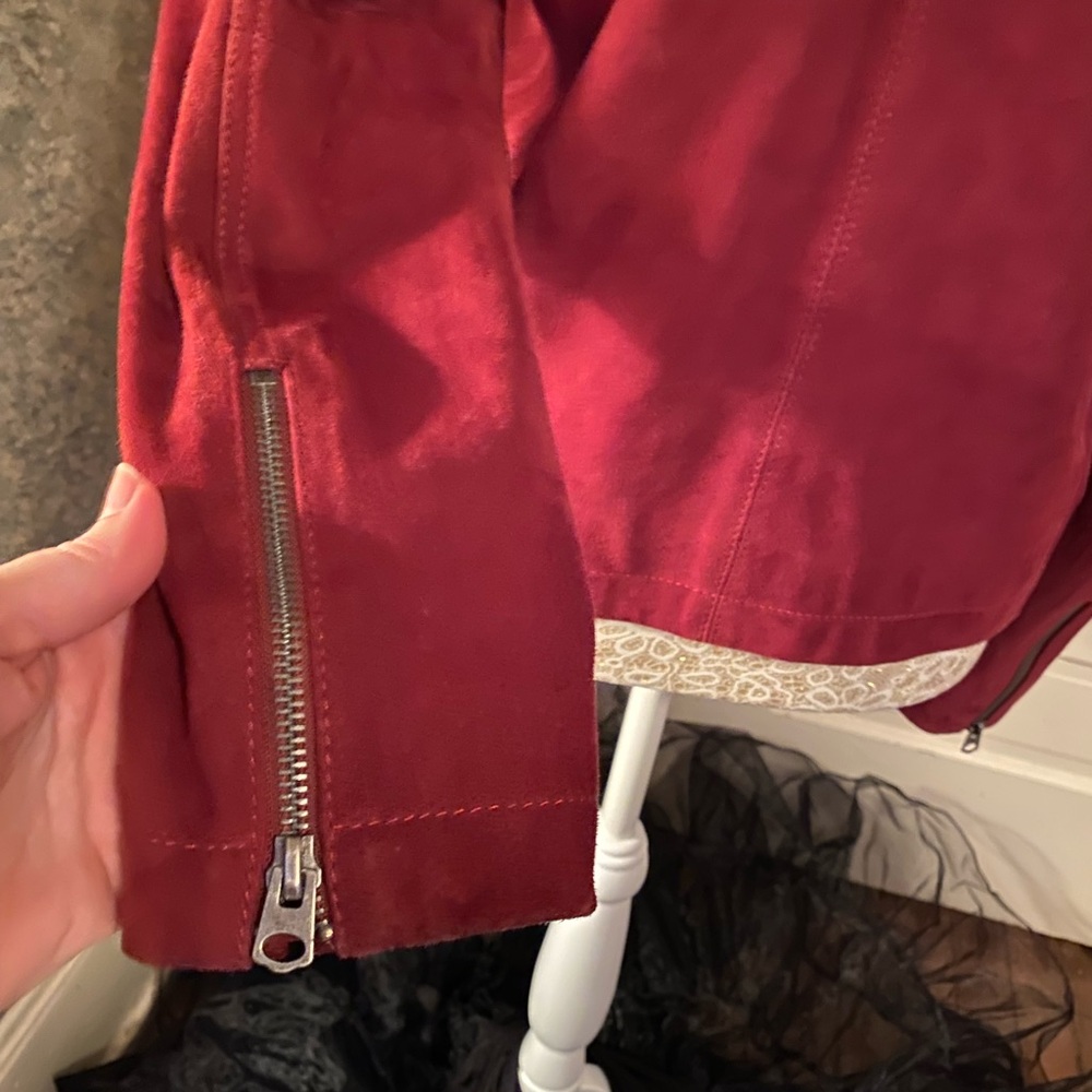 Burgundy red goat suede Moto jacket puffed sleeve Lucky Brand size M great cond! - Picture 6 of 10